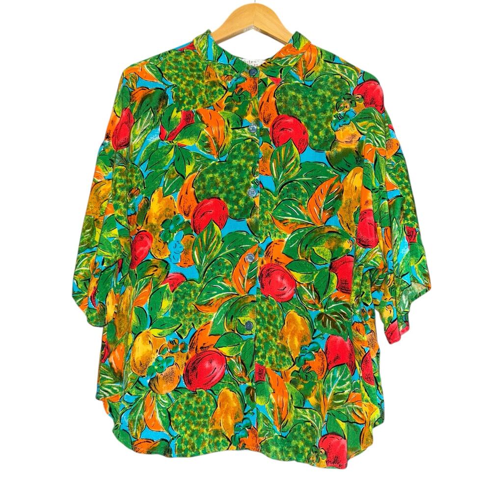 Vintage Index Melrose Button Up Fruit Tropical Top Womens Lg Colorful Vacation